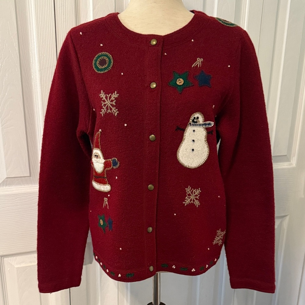 Vintage Red Casual Corner Christmas Cardigan 100% Wool Sz M
